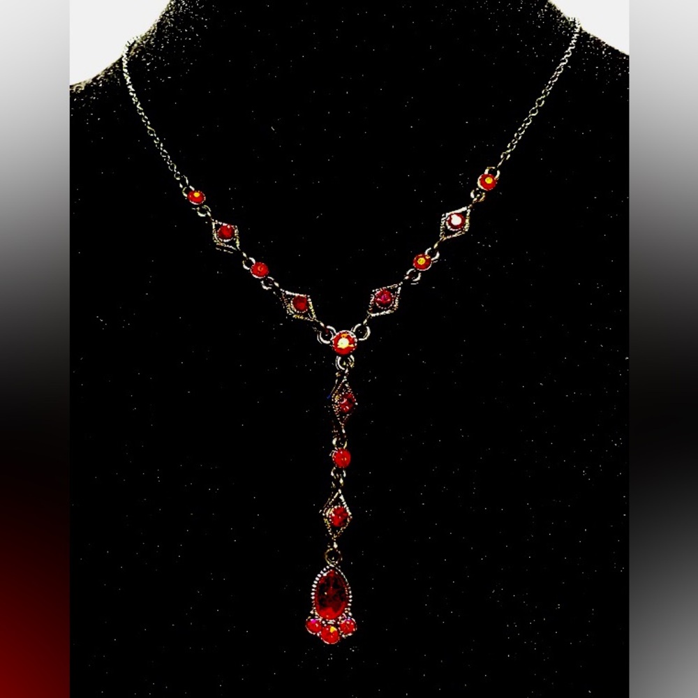 Victorian Gothic Signed 1928 Color Red Garnet Crystal  Y Drop Necklace Gunmetal
